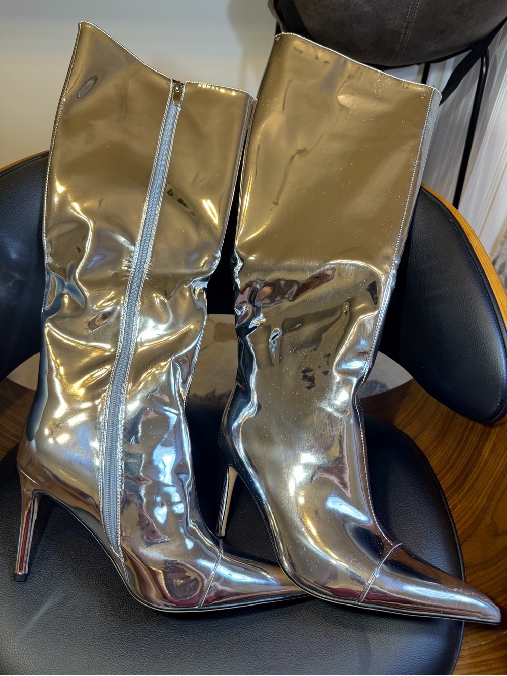 ARQA Shop Women’s Metallic Knee High Boots Silver Pointed Toe Stiletto High Heel